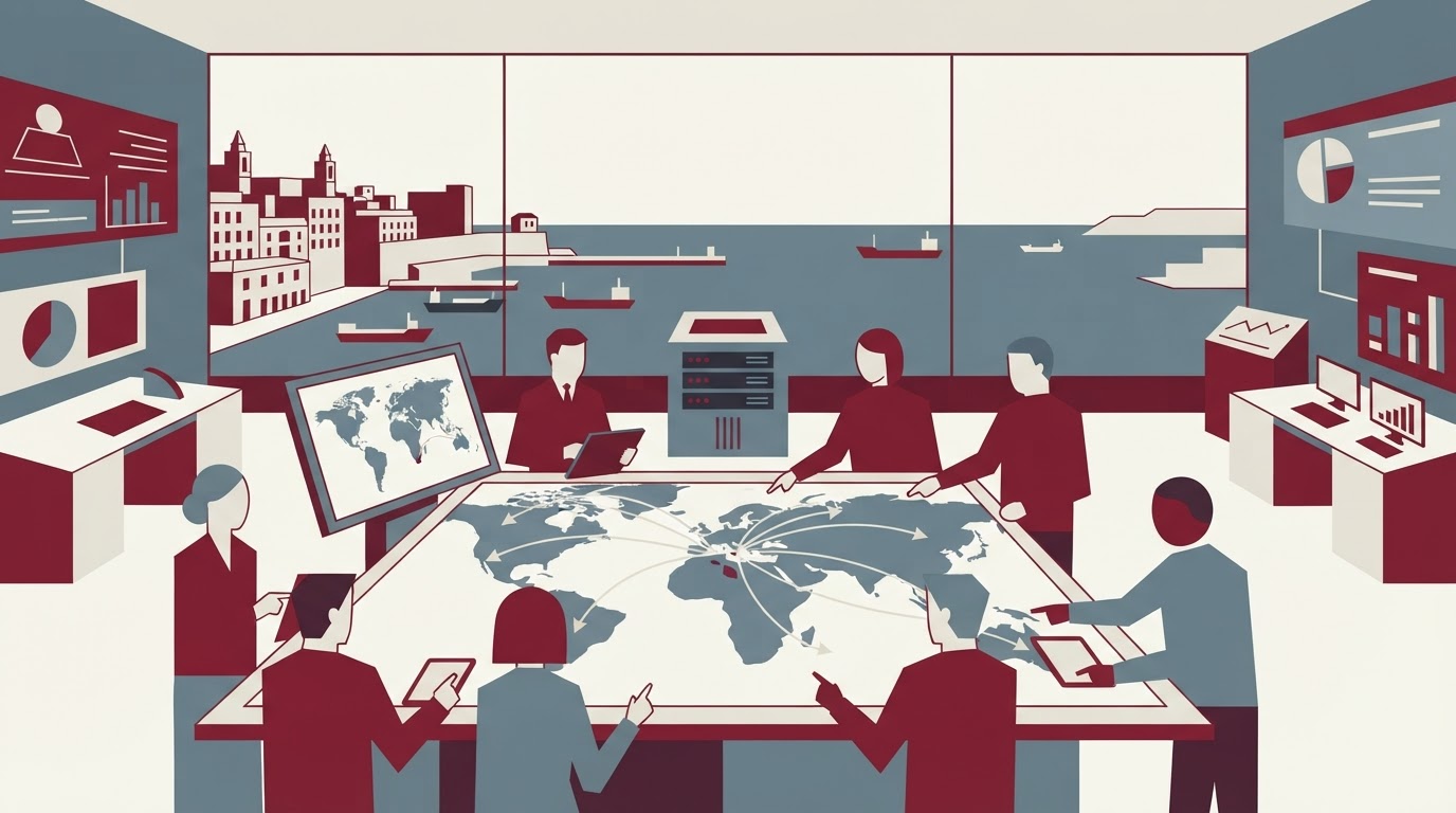 Scene illustrating Commodity Trading sector: Alkagesta commodity trading operations centre decision-making in Malta. Alk