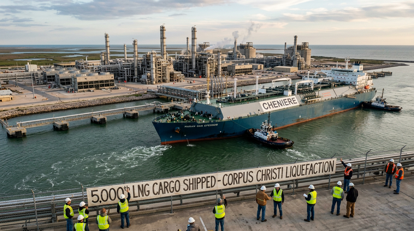 Scene illustrating LNG sector: Cheniere Energy Reaches 5,000th LNG Cargo Milestone as Texas Capacity Hits 56 MTPA. Cheni
