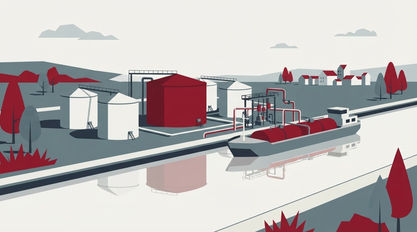 Flat illustration of European biofuel storage and barge logistics
