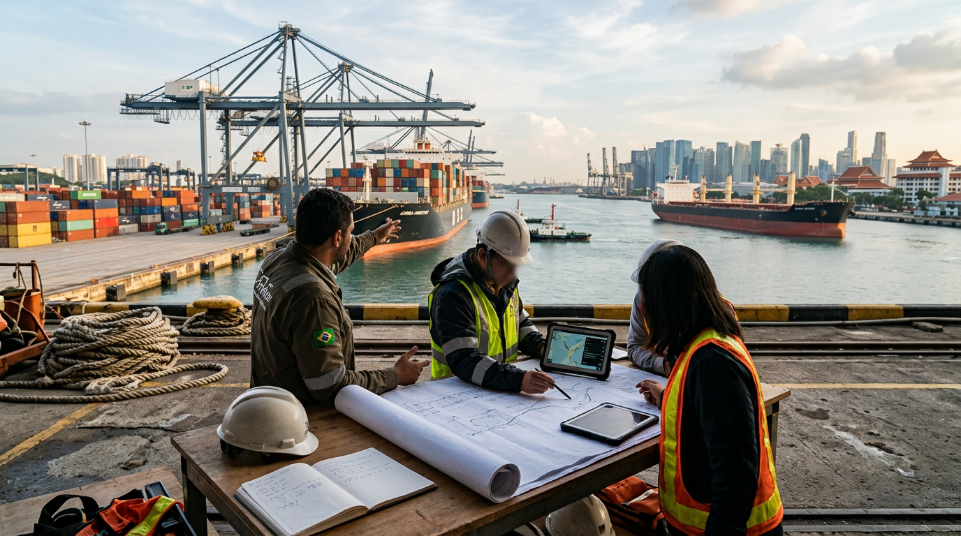 Scene illustrating Shipping sector: Singapore and Brazil Collaborate to Develop Green and Digital Shipping Corridor. Sin