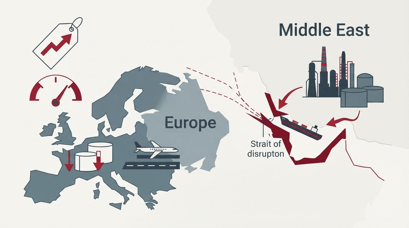 Scene illustrating Petroleum Products sector: European jet fuel supply tightens as Hormuz disruption cuts imports. Europ