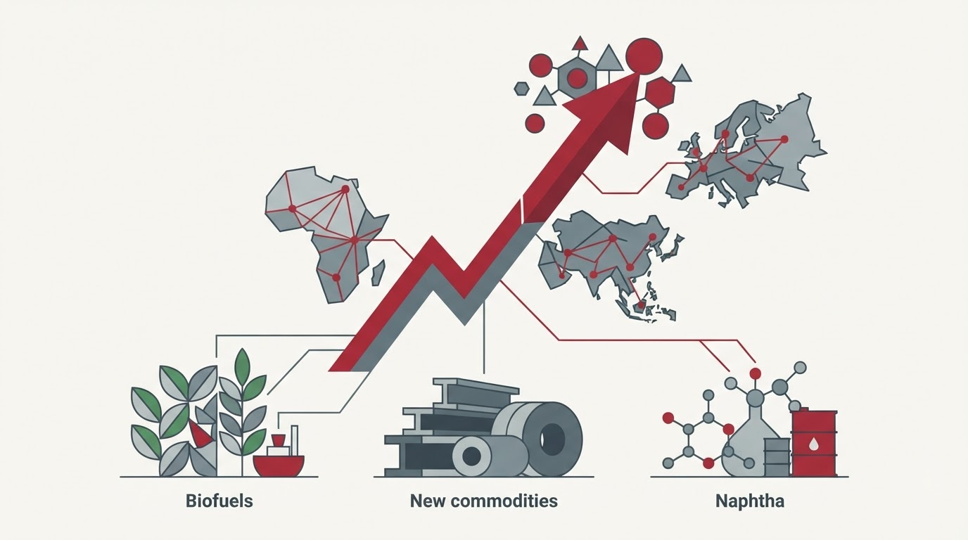 Scene illustrating Commodity Trading sector: Alkagesta expansion adds biofuels, steel and new regional flows. Alkagesta 
