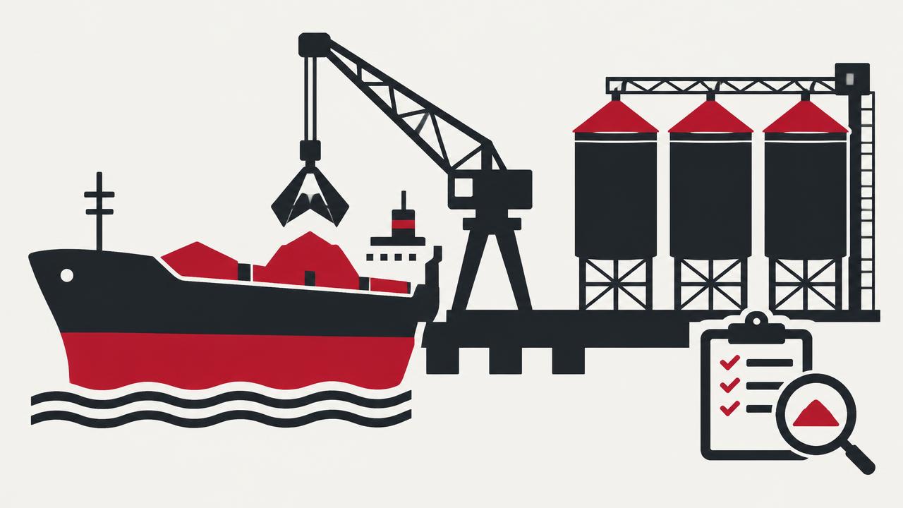 Flat geometric illustration of a bulk fertiliser cargo ship, dockside crane, storage silos and an inspection checklist
