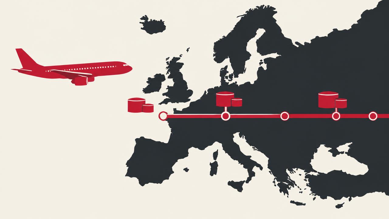 Flat illustration of an aircraft beside a pipeline network crossing Europe